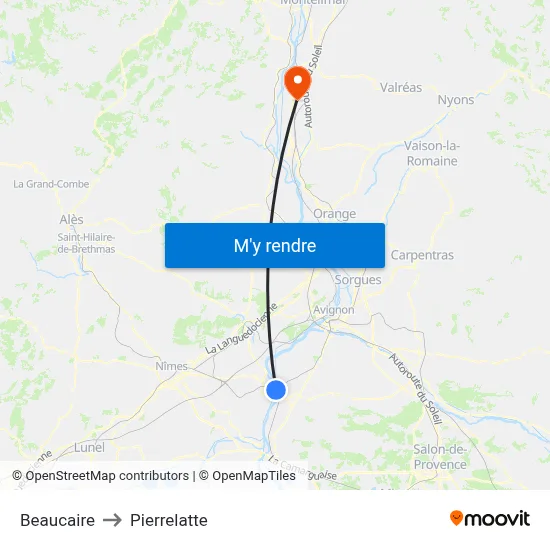Beaucaire to Pierrelatte map