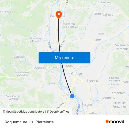 Roquemaure to Pierrelatte map
