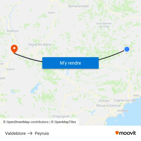 Valdeblore to Peyruis map