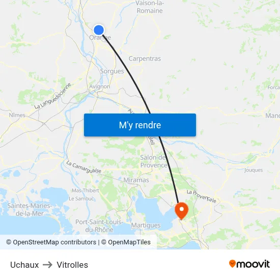 Uchaux to Vitrolles map
