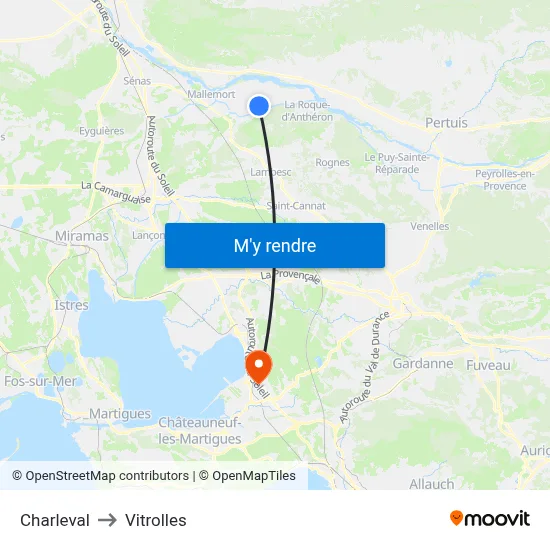 Charleval to Vitrolles map