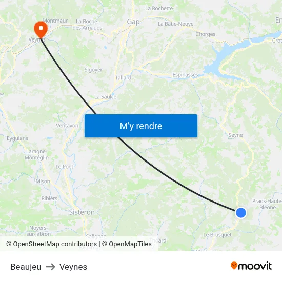 Beaujeu to Veynes map