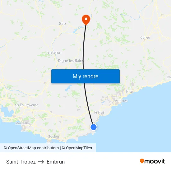 Saint-Tropez to Embrun map