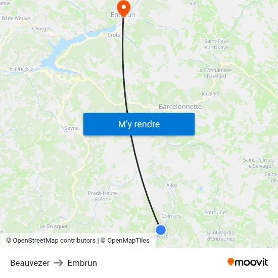 Beauvezer to Embrun map