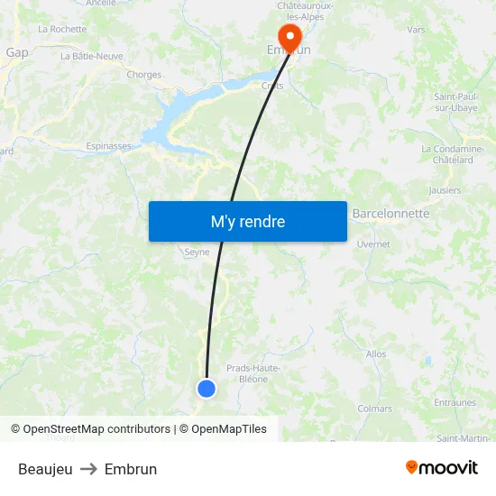 Beaujeu to Embrun map