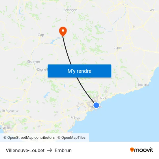 Villeneuve-Loubet to Embrun map