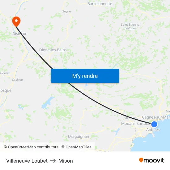 Villeneuve-Loubet to Mison map