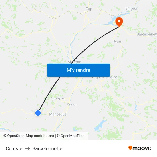 Céreste to Barcelonnette map