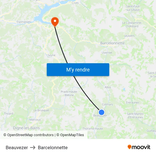 Beauvezer to Barcelonnette map