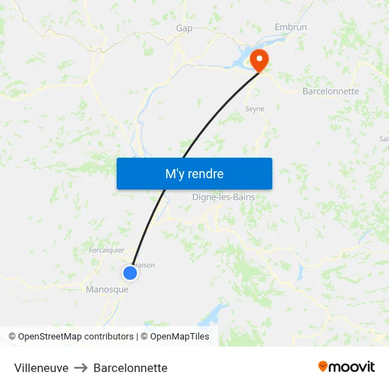 Villeneuve to Barcelonnette map