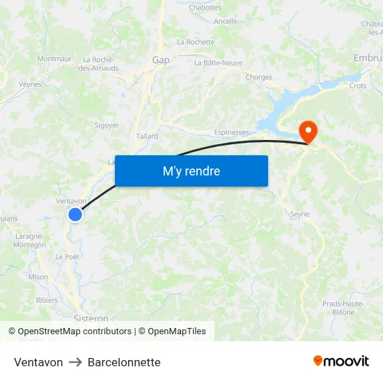 Ventavon to Barcelonnette map