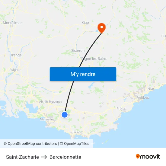 Saint-Zacharie to Barcelonnette map