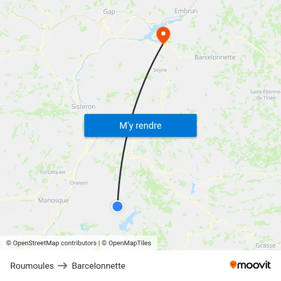 Roumoules to Barcelonnette map