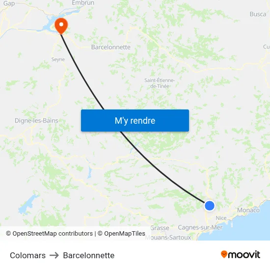 Colomars to Barcelonnette map