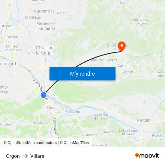 Orgon to Villars map