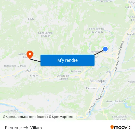 Pierrerue to Villars map