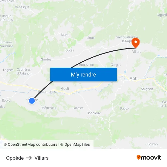 Oppède to Villars map