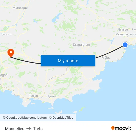 Mandelieu to Trets map