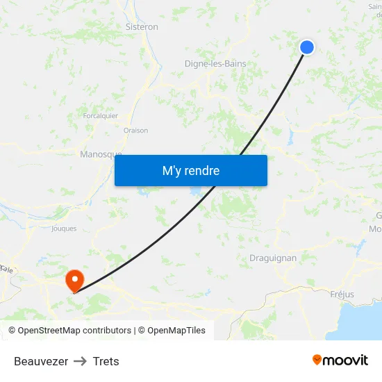 Beauvezer to Trets map