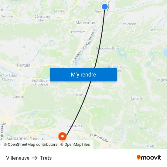 Villeneuve to Trets map