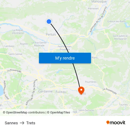 Sannes to Trets map