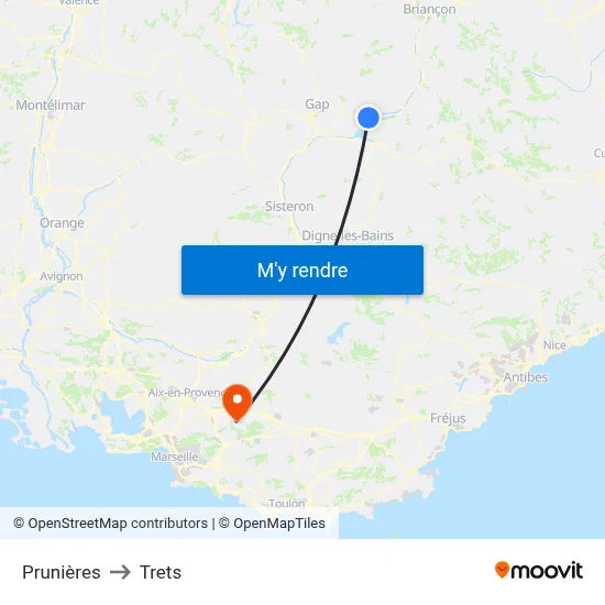 Prunières to Trets map
