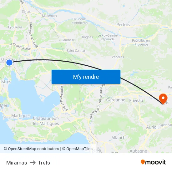 Miramas to Trets map