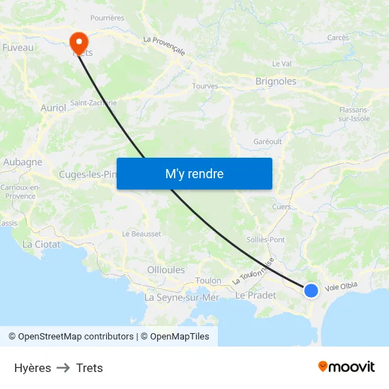 Hyères to Trets map