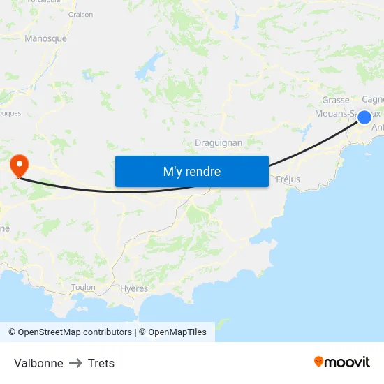Valbonne to Trets map