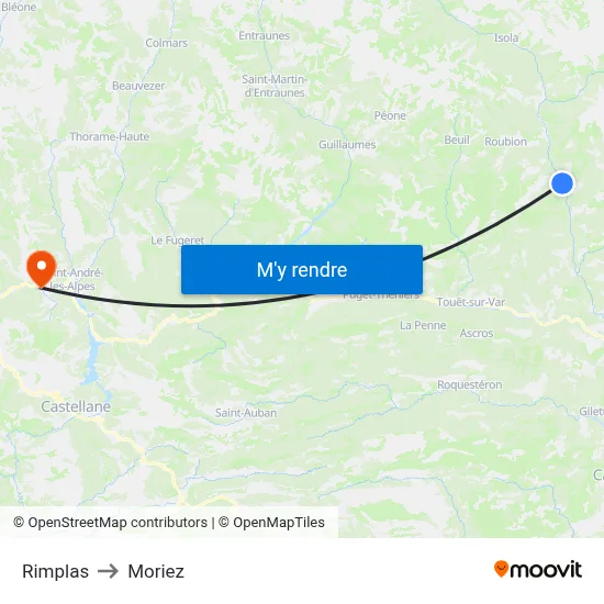 Rimplas to Moriez map