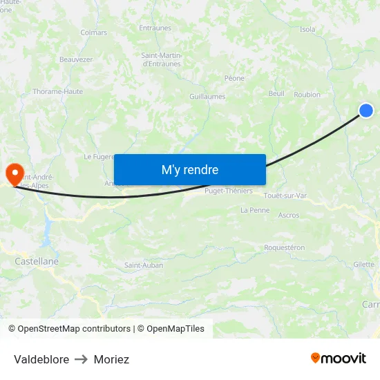 Valdeblore to Moriez map