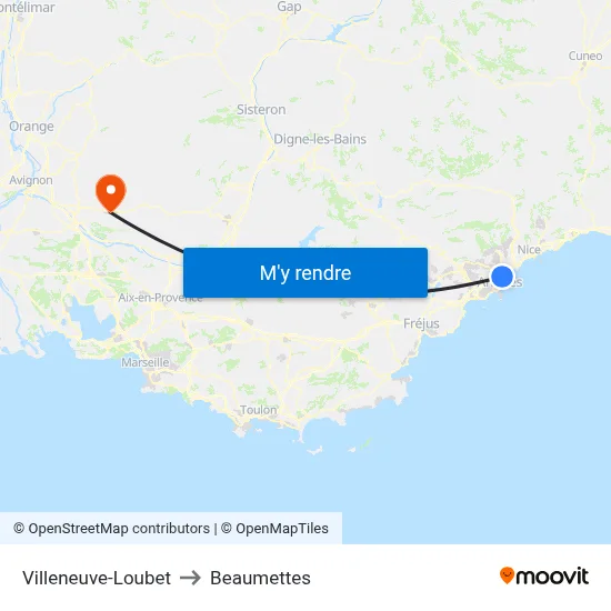 Villeneuve-Loubet to Beaumettes map