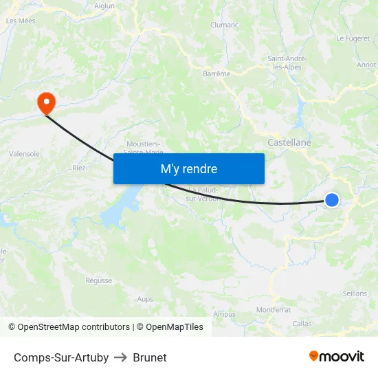 Comps-Sur-Artuby to Brunet map