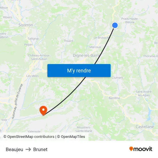 Beaujeu to Brunet map
