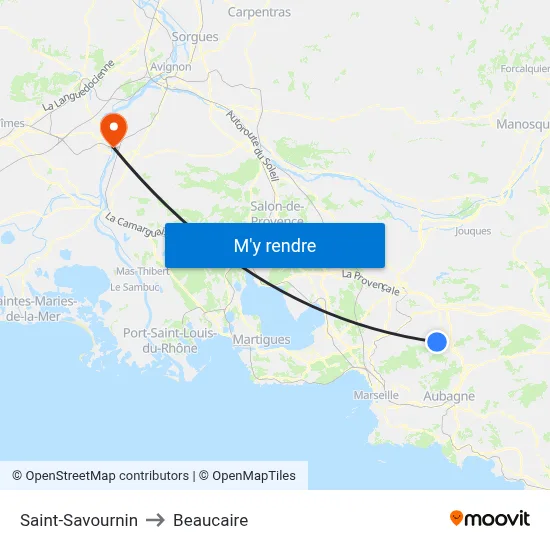 Saint-Savournin to Beaucaire map