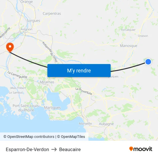 Esparron-De-Verdon to Beaucaire map