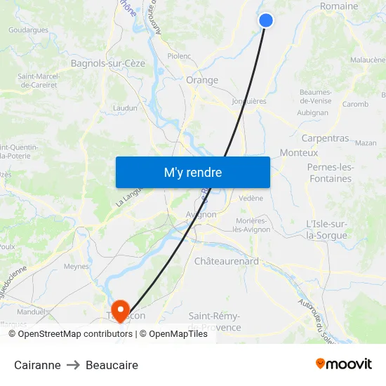 Cairanne to Beaucaire map