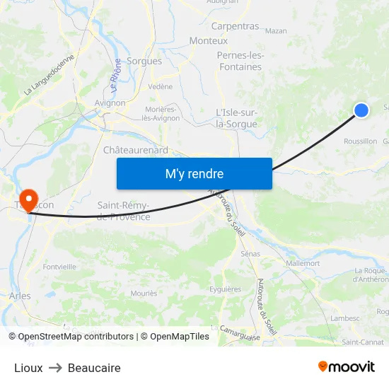Lioux to Beaucaire map