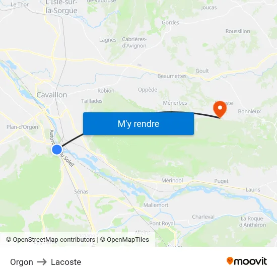 Orgon to Lacoste map