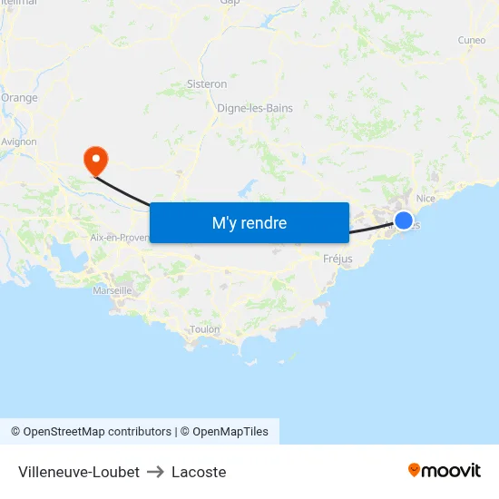 Villeneuve-Loubet to Lacoste map