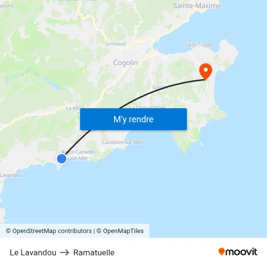 Le Lavandou to Ramatuelle map
