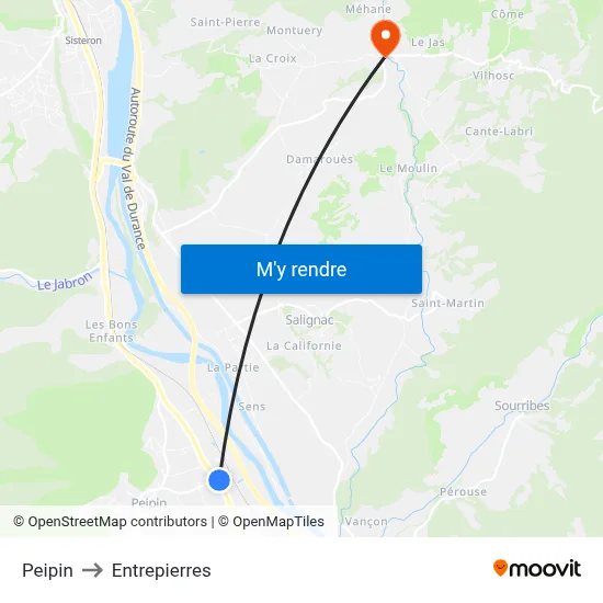 Peipin to Entrepierres map