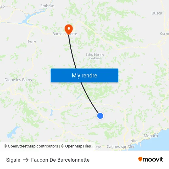Sigale to Faucon-De-Barcelonnette map