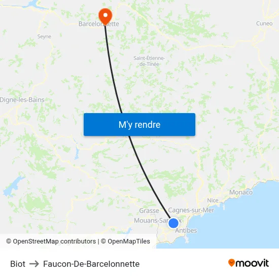 Biot to Faucon-De-Barcelonnette map