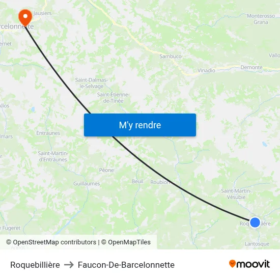 Roquebillière to Faucon-De-Barcelonnette map