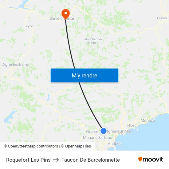 Roquefort-Les-Pins to Faucon-De-Barcelonnette map