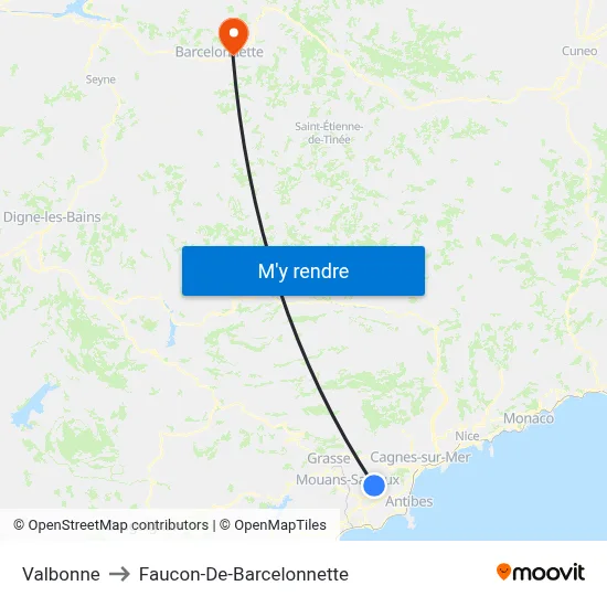 Valbonne to Faucon-De-Barcelonnette map