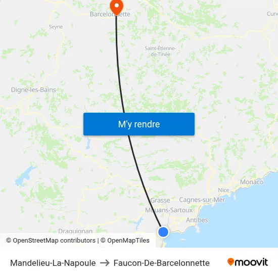 Mandelieu-La-Napoule to Faucon-De-Barcelonnette map