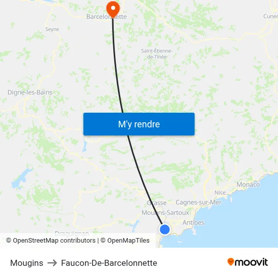 Mougins to Faucon-De-Barcelonnette map