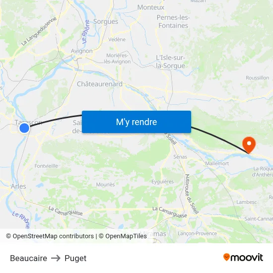 Beaucaire to Puget map